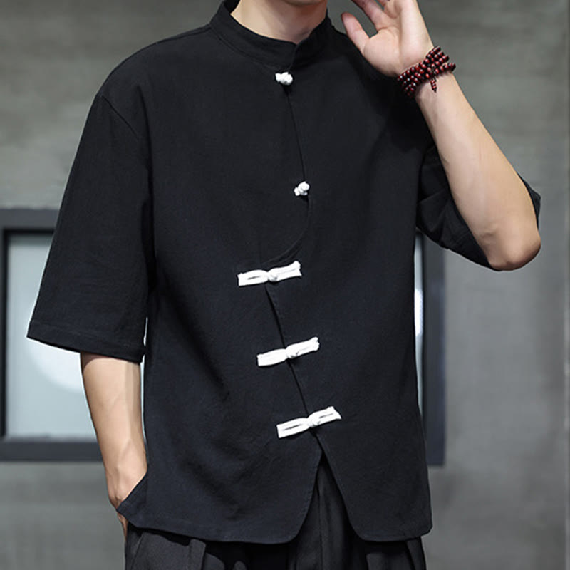 Camisa de lino y algodón para hombre, de manga corta, con cuello alto y botones de rana, estilo chino, con Buddha Stones - Negro - US/UK/AU46, EU56 (5XL) - image 1