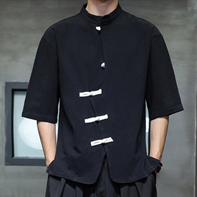 Camisa de lino y algodón para hombre, de manga corta, con cuello alto y botones de rana, estilo chino, con Buddha Stones - image 2