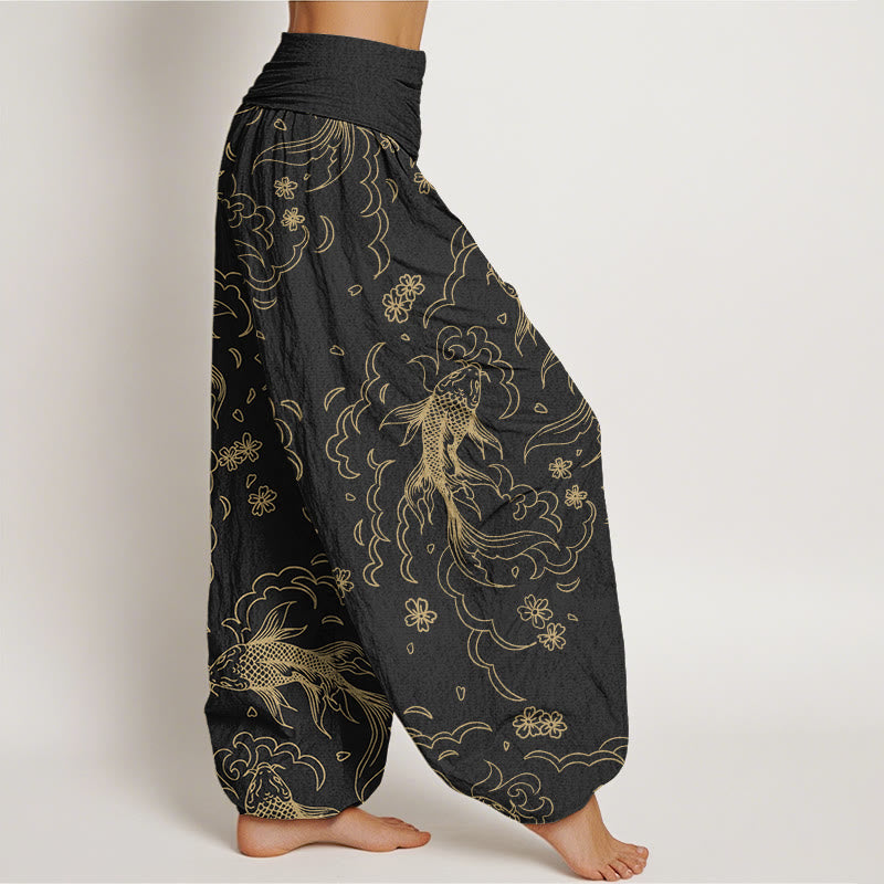 Pantalones harén con cintura elástica para mujer, con estampado de ondas de peces koi y pétalos, estilo casual, de Buddha Stones - image 2