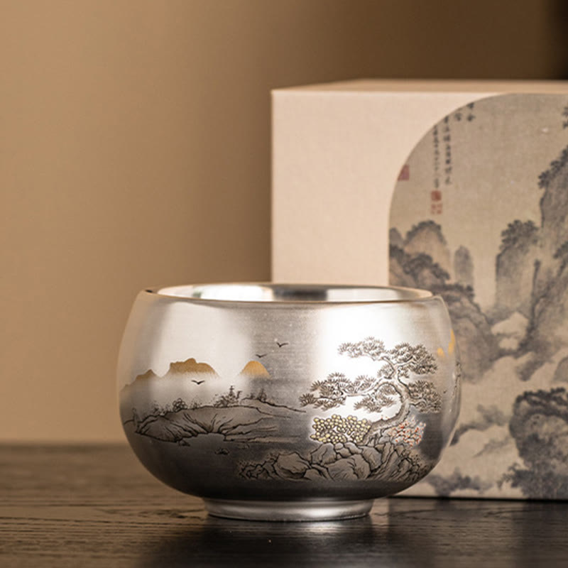 Taza de té de kung fu con diseño de Buddha Stones, pez, loto, algas, valle, montañas, pino, dragón y caja de regalo.