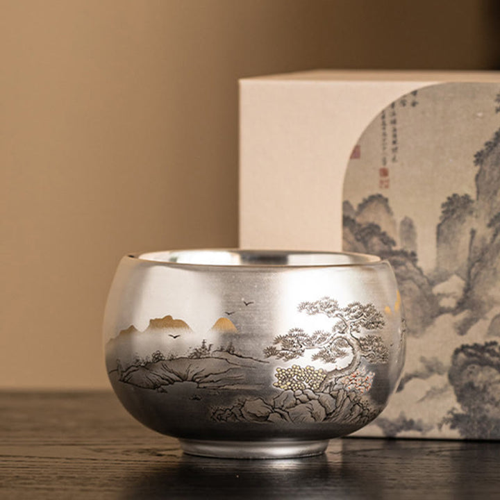 Taza de té de kung fu con diseño de Buddha Stones, pez, loto, algas, valle, montañas, pino, dragón y caja de regalo.