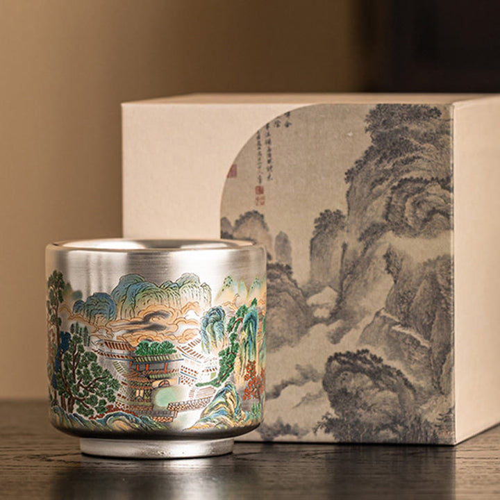Taza de té de kung fu con diseño de Buddha Stones, pez, loto, algas, valle, montañas, pino, dragón y caja de regalo.