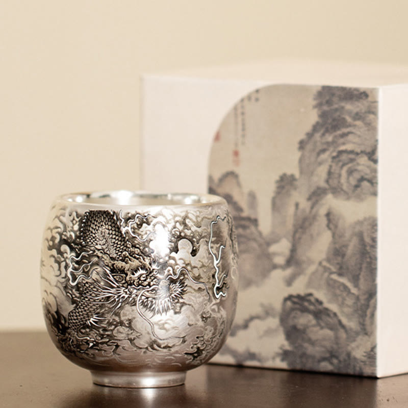 Taza de té de kung fu con diseño de Buddha Stones, pez, loto, algas, valle, montañas, pino, dragón y caja de regalo.