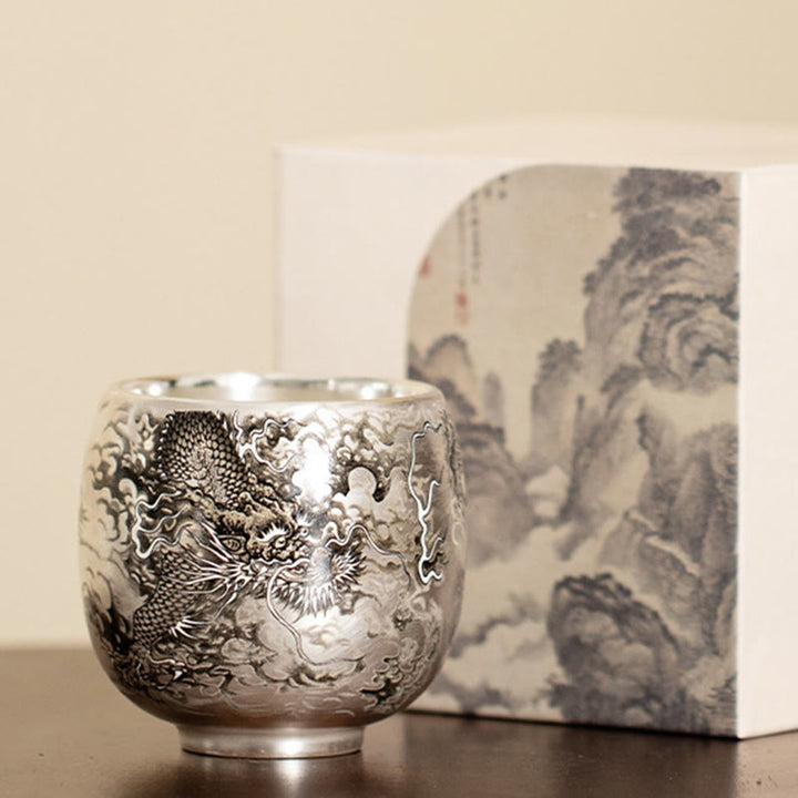 Taza de té de kung fu con diseño de Buddha Stones, pez, loto, algas, valle, montañas, pino, dragón y caja de regalo.