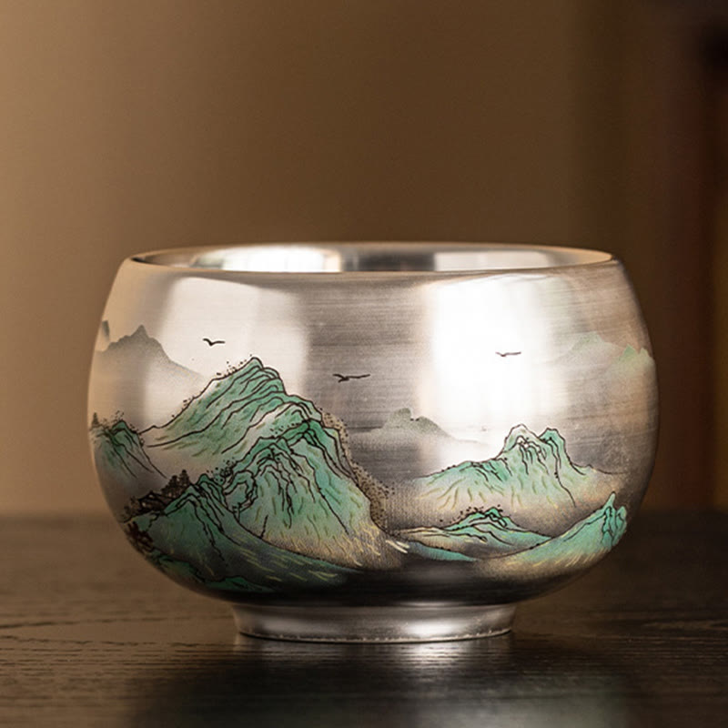 Taza de té de kung fu con diseño de Buddha Stones, pez, loto, algas, valle, montañas, pino, dragón y caja de regalo.