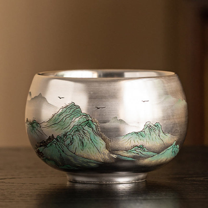 Taza de té de kung fu con diseño de Buddha Stones, pez, loto, algas, valle, montañas, pino, dragón y caja de regalo.