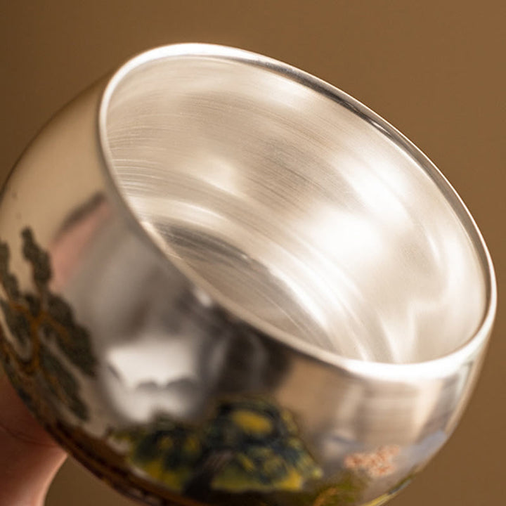 Taza de té de kung fu con diseño de Buddha Stones, pez, loto, algas, valle, montañas, pino, dragón y caja de regalo.