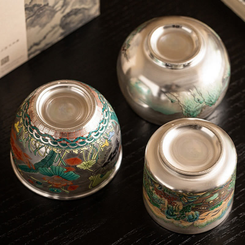 Taza de té de kung fu con diseño de Buddha Stones, pez, loto, algas, valle, montañas, pino, dragón y caja de regalo.