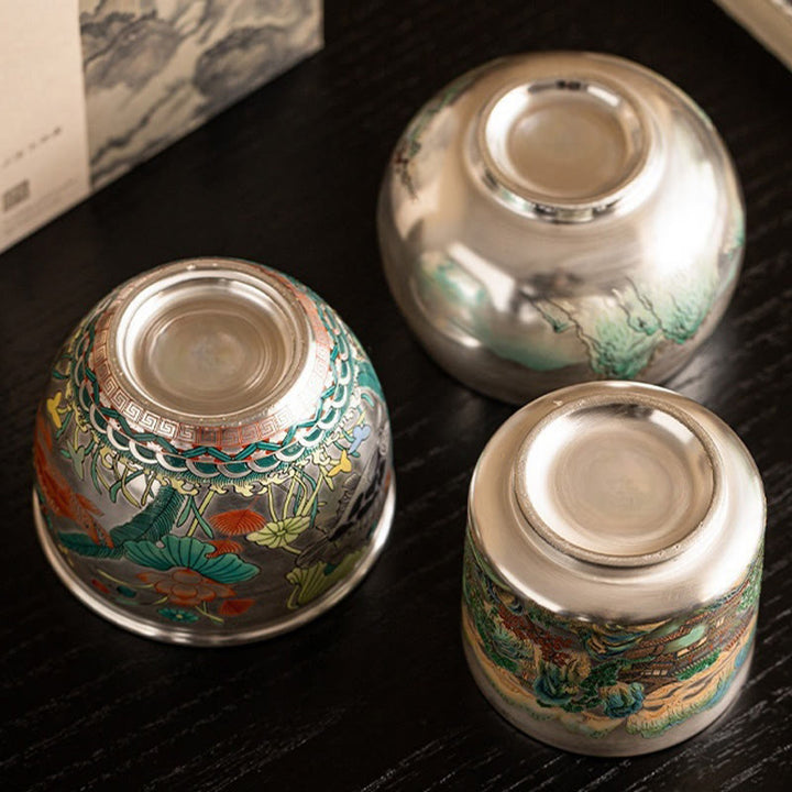 Taza de té de kung fu con diseño de Buddha Stones, pez, loto, algas, valle, montañas, pino, dragón y caja de regalo.