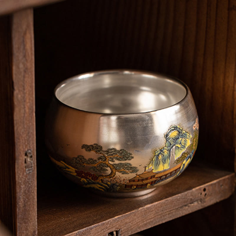 Taza de té de kung fu con diseño de Buddha Stones, pez, loto, algas, valle, montañas, pino, dragón y caja de regalo.