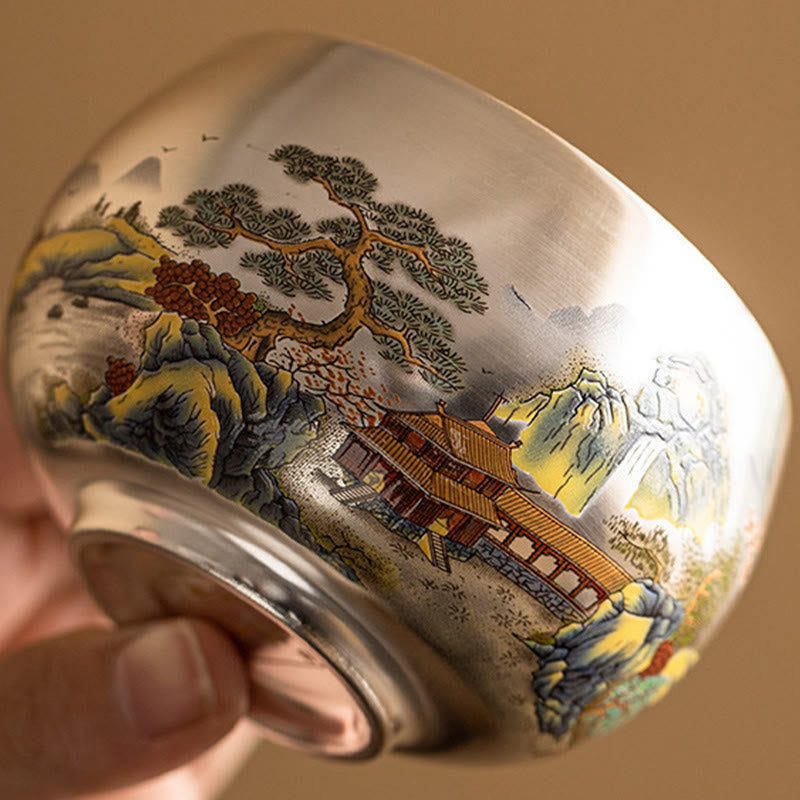 Taza de té de kung fu con diseño de Buddha Stones, pez, loto, algas, valle, montañas, pino, dragón y caja de regalo.