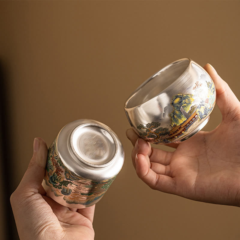 Taza de té de kung fu con diseño de Buddha Stones, pez, loto, algas, valle, montañas, pino, dragón y caja de regalo.