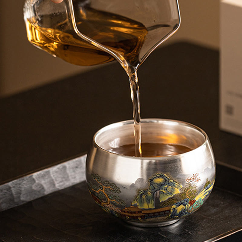 Taza de té de kung fu con diseño de Buddha Stones, pez, loto, algas, valle, montañas, pino, dragón y caja de regalo.