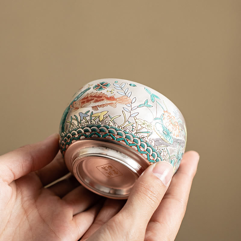 Taza de té de kung fu con diseño de Buddha Stones, pez, loto, algas, valle, montañas, pino, dragón y caja de regalo.