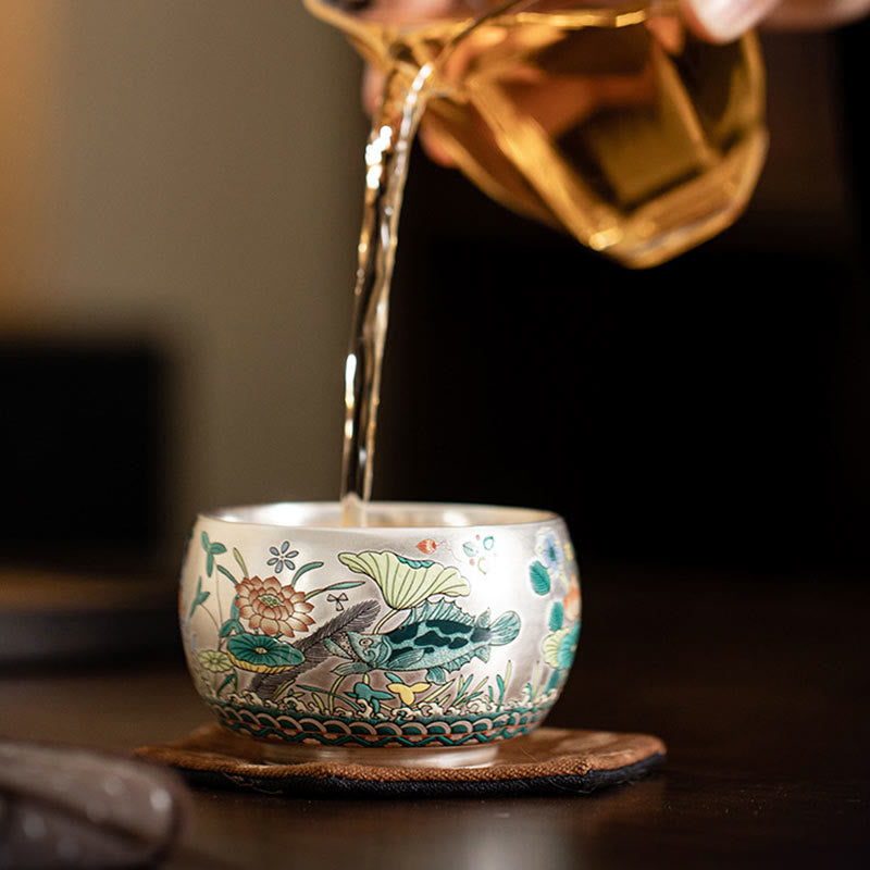 Taza de té de kung fu con diseño de Buddha Stones, pez, loto, algas, valle, montañas, pino, dragón y caja de regalo.