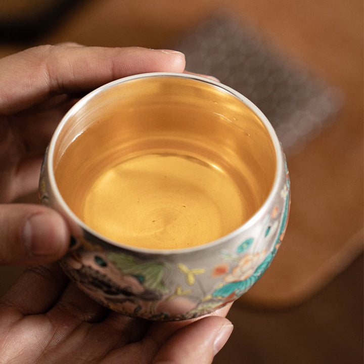 Taza de té de kung fu con diseño de Buddha Stones, pez, loto, algas, valle, montañas, pino, dragón y caja de regalo.