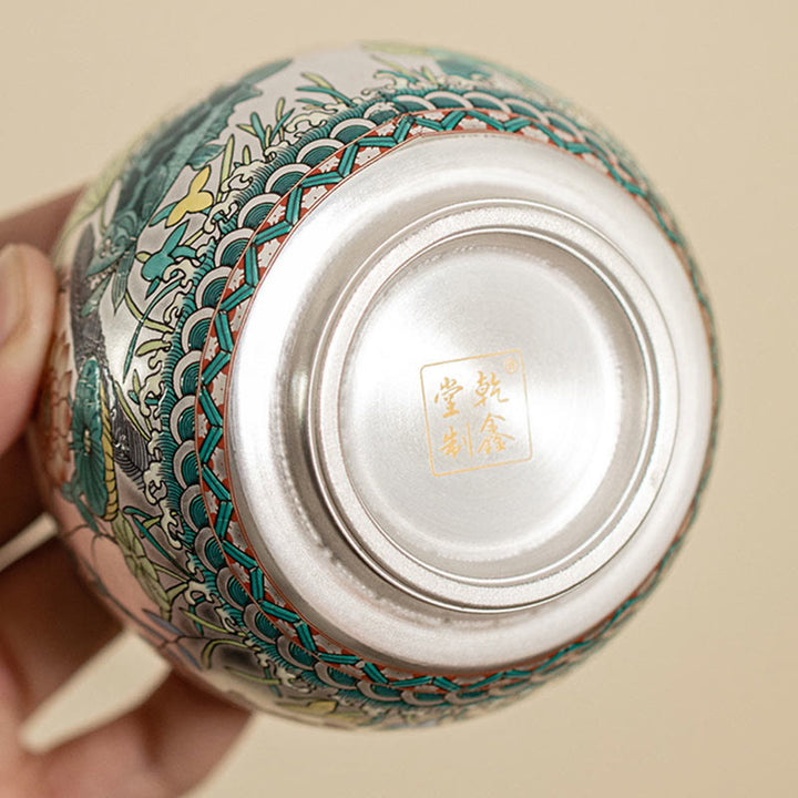 Taza de té de kung fu con diseño de Buddha Stones, pez, loto, algas, valle, montañas, pino, dragón y caja de regalo.