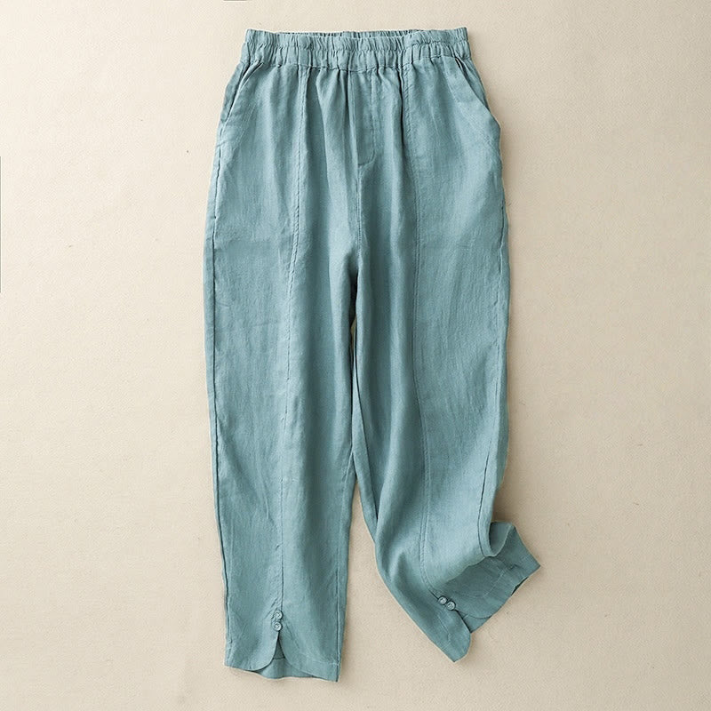 Pantalones harén de lino y algodón para mujer con diseño de botones laterales de color liso y bolsillos de Buddha Stones para verano - Verde mar claro - US8-10,UK/AU12-14,EU40-42 (2XL) - image 15