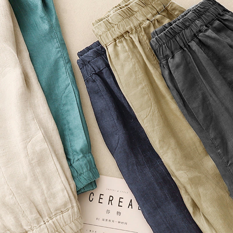 Pantalones harén de lino y algodón para mujer con diseño de botones laterales de color liso y bolsillos de Buddha Stones para verano - image 24