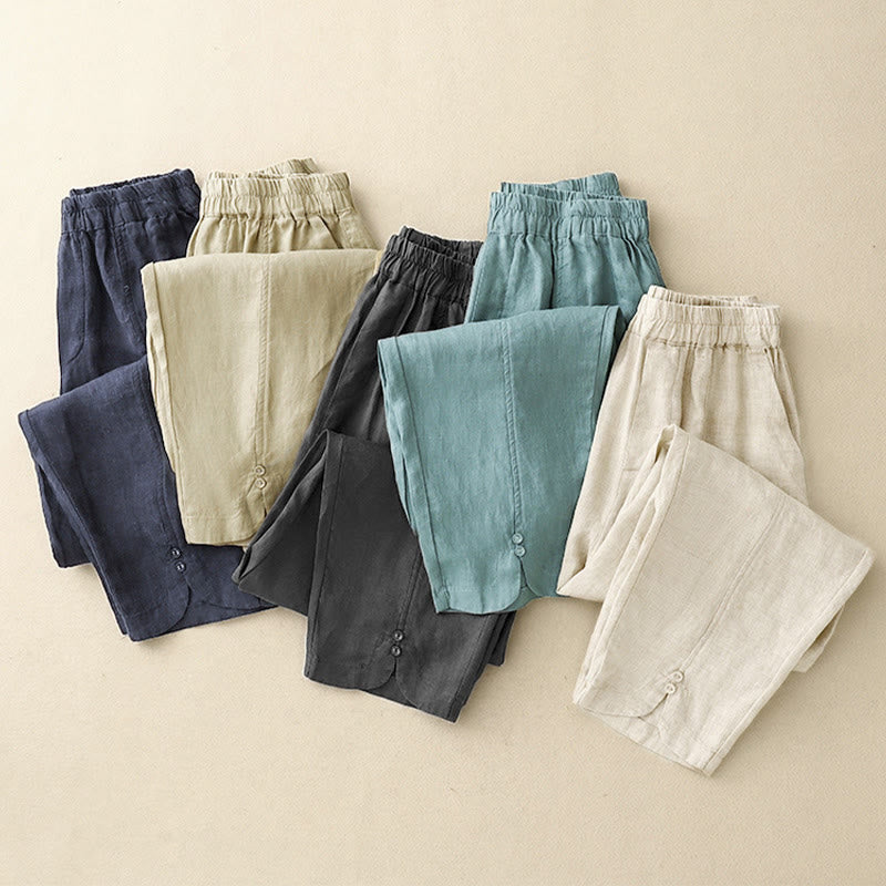 Pantalones harén de lino y algodón para mujer con diseño de botones laterales de color liso y bolsillos de Buddha Stones para verano - image 23