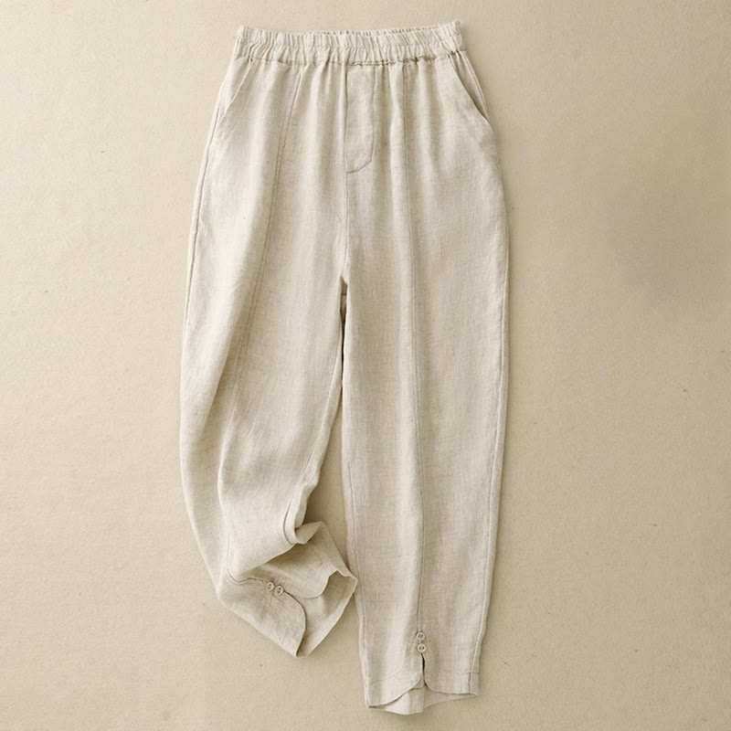 Pantalones harén de lino y algodón para mujer con diseño de botones laterales de color liso y bolsillos de Buddha Stones para verano - Beige - US8-10,UK/AU12-14,EU40-42 (2XL) - image 4