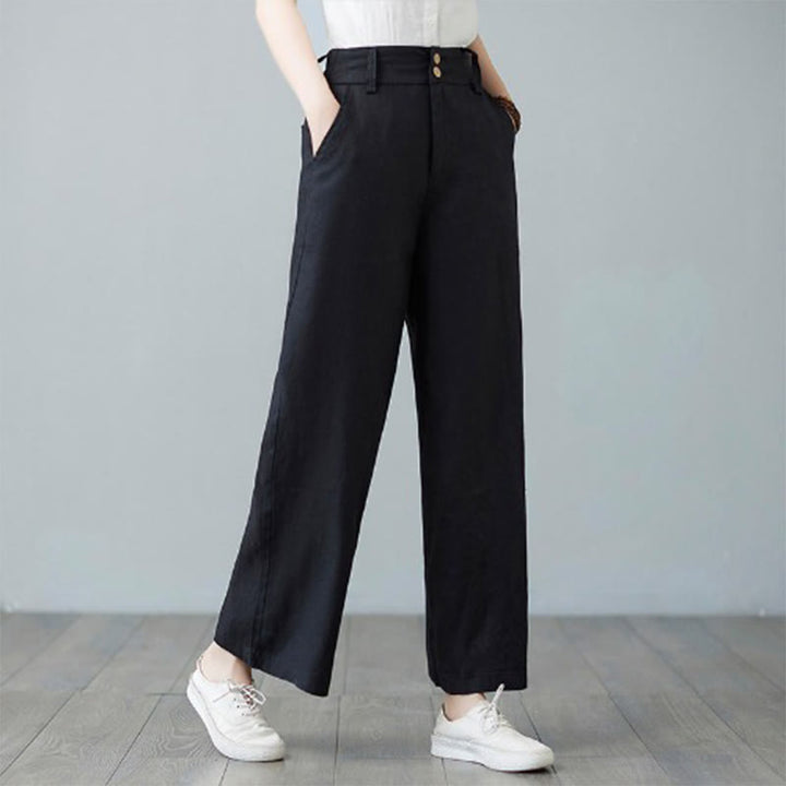 Pantalones de lino y algodón con diseño simple de patchwork de color liso para mujer con bolsillos de Buddha Stones Daily - Negro - US8-10,UK/AU12-14,EU40-42 (2XL) - image 21