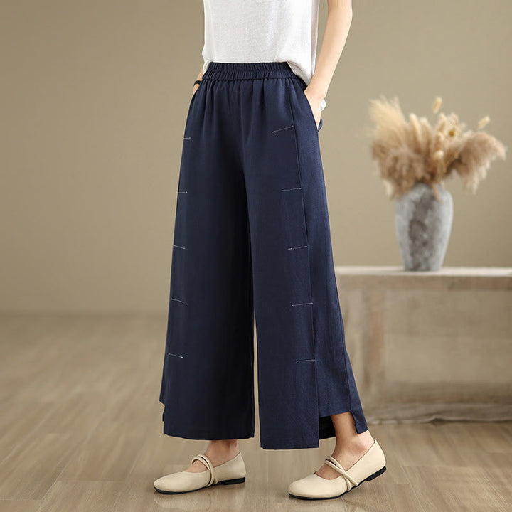Pantalones anchos de algodón y lino para mujer, con bolsillos, de Buddha Stones, informales, de primavera, en azul marino, con diseño de líneas sencillas - Marina de guerra - US8-10,UK/AU12-14,EU40-42 (2XL) - image 0