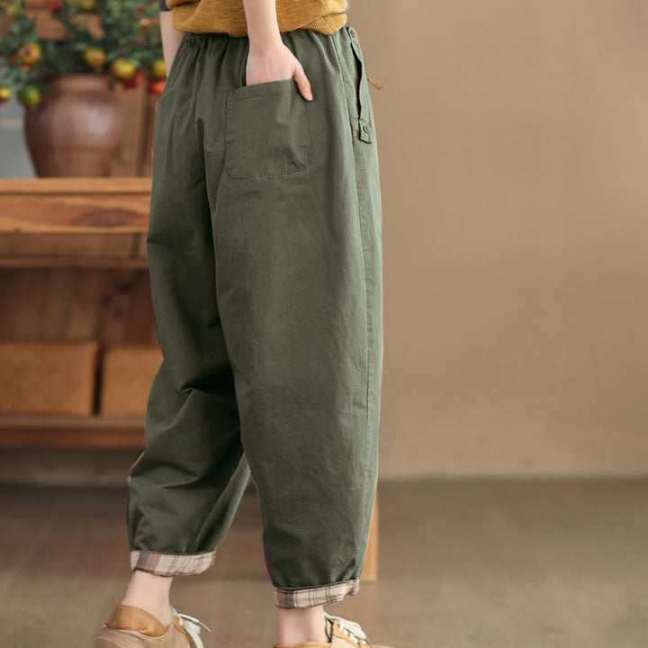 Pantalones harén de algodón con puños parcheados, informales, con bolsillos, para mujer
