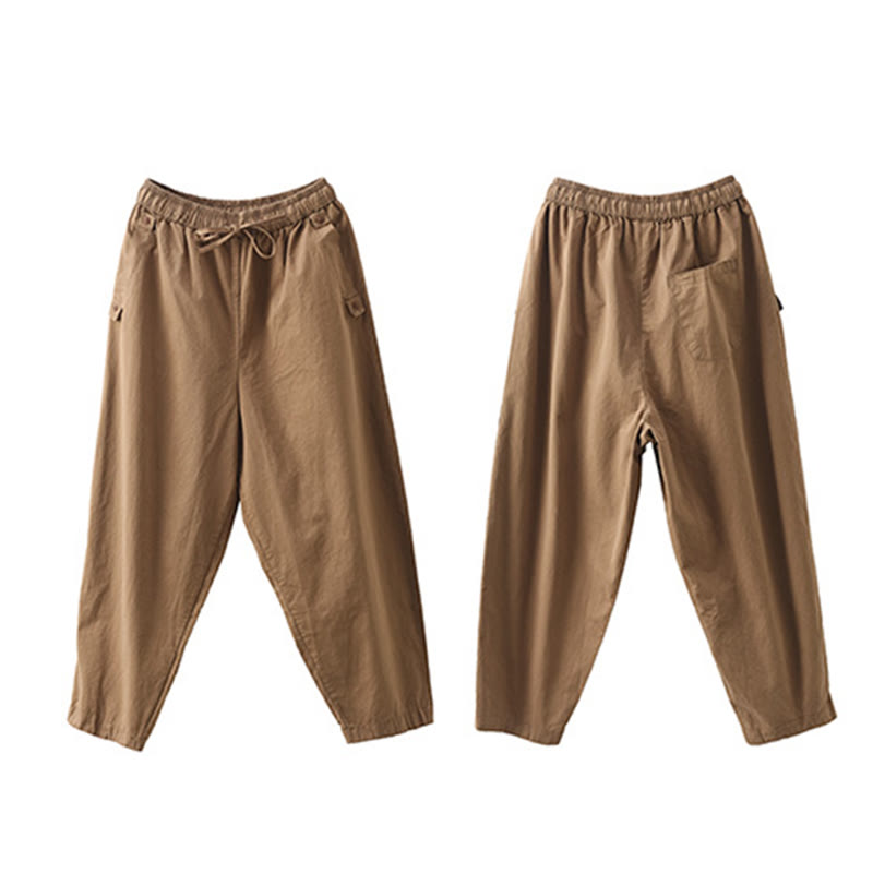 Pantalones harén de algodón con puños parcheados, informales, con bolsillos, para mujer