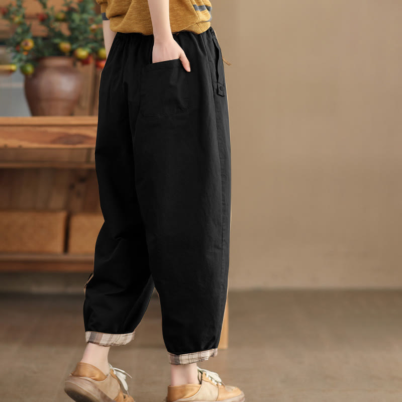 Pantalones harén de algodón con puños parcheados, informales, con bolsillos, para mujer
