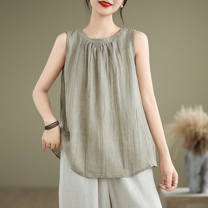 Chaleco sin mangas de algodón y lino con cuello redondo y diseño simple de arrugas de verano para mujer con Buddha Stones - Caqui oscuro - US8-10,UK/AU12-14,EU40-42 (2XL) - image 0