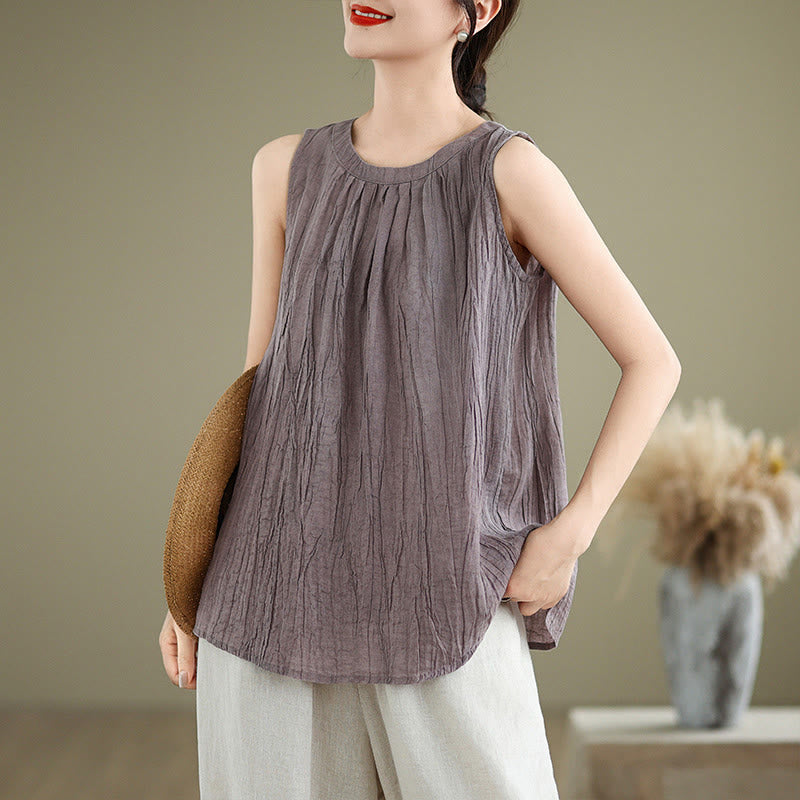 Chaleco sin mangas de algodón y lino con cuello redondo y diseño simple de arrugas de verano para mujer con Buddha Stones - Ciruela - US8-10,UK/AU12-14,EU40-42 (2XL) - image 20