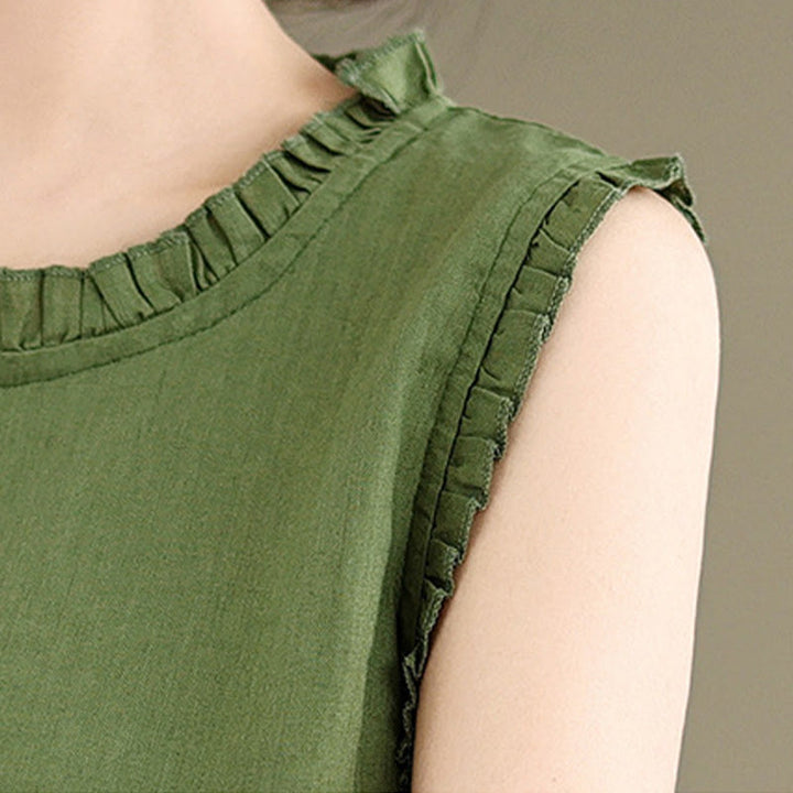 Chaleco sin mangas de algodón y lino para mujer, con cuello redondo, diseño de volantes y cordón ajustable, de Buddha Stones, para verano - image 8