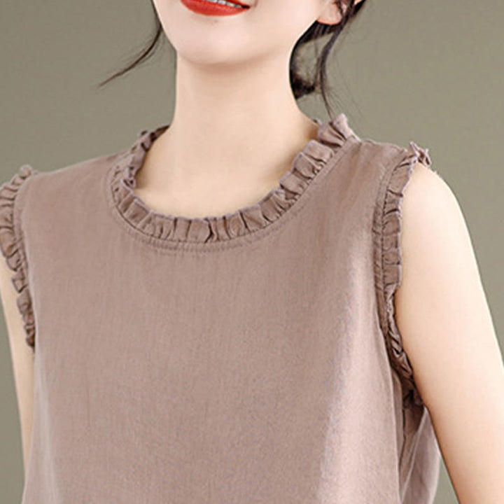 Chaleco sin mangas de algodón y lino para mujer, con cuello redondo, diseño de volantes y cordón ajustable, de Buddha Stones, para verano - image 18