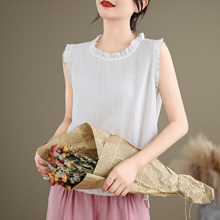 Chaleco sin mangas de algodón y lino para mujer, con cuello redondo, diseño de volantes y cordón ajustable, de Buddha Stones, para verano - image 25