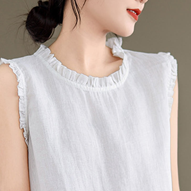 Chaleco sin mangas de algodón y lino para mujer, con cuello redondo, diseño de volantes y cordón ajustable, de Buddha Stones, para verano - image 27