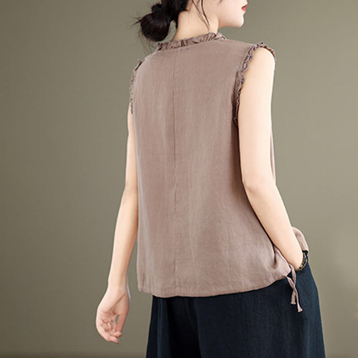 Chaleco sin mangas de algodón y lino para mujer, con cuello redondo, diseño de volantes y cordón ajustable, de Buddha Stones, para verano - image 16