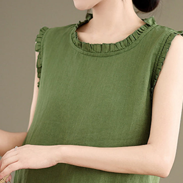 Chaleco sin mangas de algodón y lino para mujer, con cuello redondo, diseño de volantes y cordón ajustable, de Buddha Stones, para verano - image 5