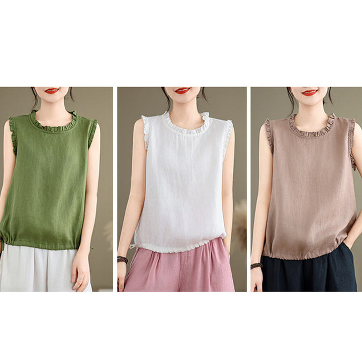 Chaleco sin mangas de algodón y lino para mujer, con cuello redondo, diseño de volantes y cordón ajustable, de Buddha Stones, para verano - image 28