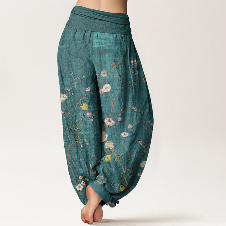 Pantalones harén con cintura elástica para mujer, con diseño de Buddha Stones, flores blancas y rosas, hojas de bambú y frutas. - image 2