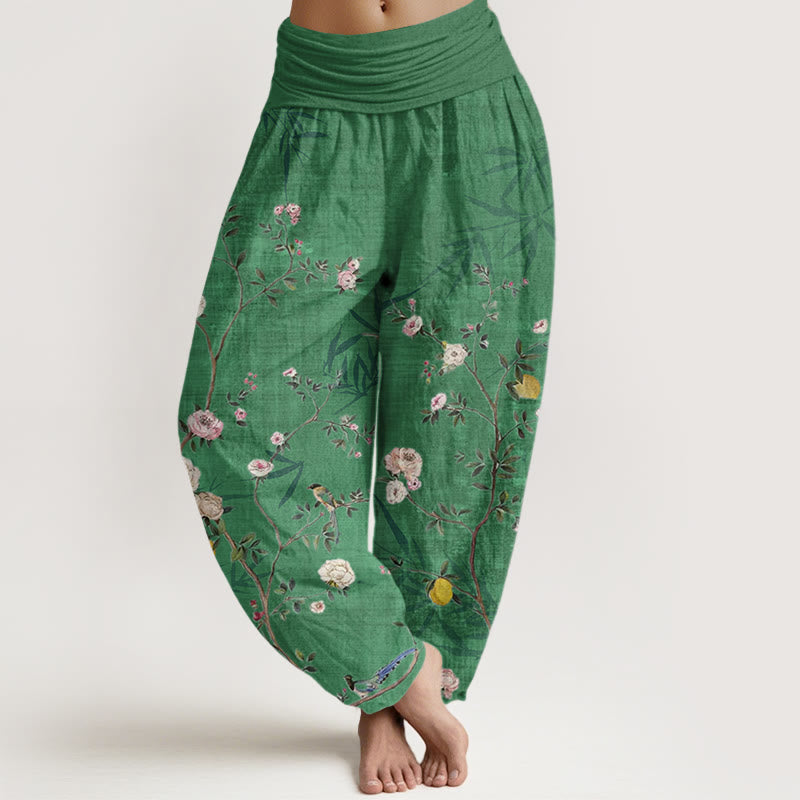 Pantalones harén con cintura elástica para mujer, con diseño de Buddha Stones, flores blancas y rosas, hojas de bambú y frutas. - Primavera verde - US22,UK/AU26,EU54 (6XL) - image 5