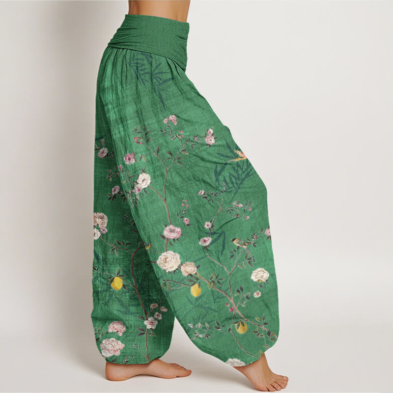 Pantalones harén con cintura elástica para mujer, con diseño de Buddha Stones, flores blancas y rosas, hojas de bambú y frutas. - image 7