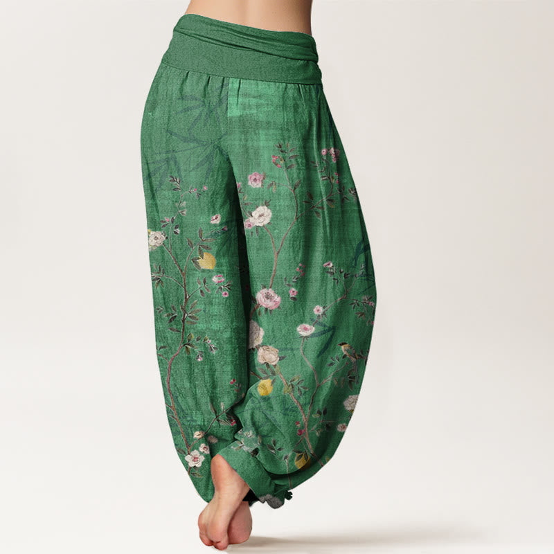 Pantalones harén con cintura elástica para mujer, con diseño de Buddha Stones, flores blancas y rosas, hojas de bambú y frutas. - image 6