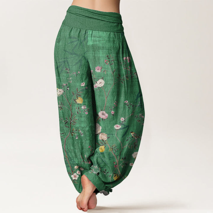 Pantalones harén con cintura elástica para mujer, con diseño de Buddha Stones, flores blancas y rosas, hojas de bambú y frutas. - image 6