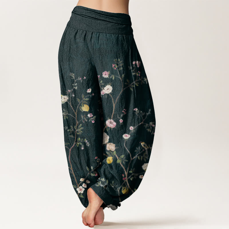 Pantalones harén con cintura elástica para mujer, con diseño de Buddha Stones, flores blancas y rosas, hojas de bambú y frutas. - image 9