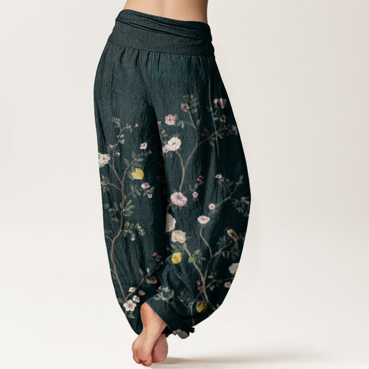 Pantalones harén con cintura elástica para mujer, con diseño de Buddha Stones, flores blancas y rosas, hojas de bambú y frutas. - image 9