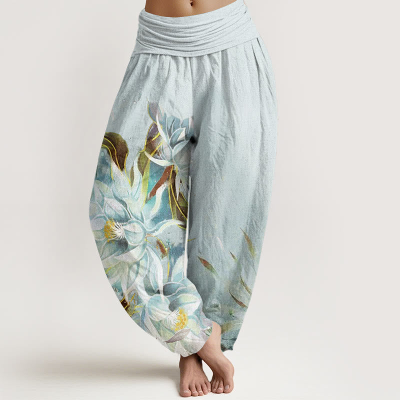 Pantalones harén con cintura elástica para mujer con diseño de flores de epifilo y Buddha Stones - Cian claro - US22,UK/AU26,EU54 (6XL) - image 1