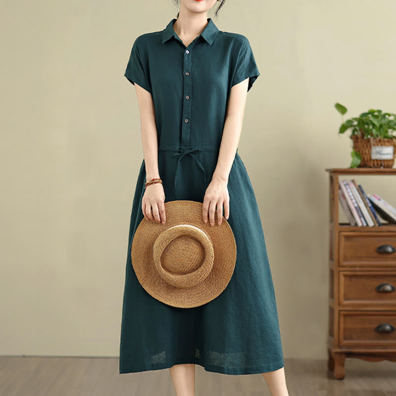Vestido midi de lino y algodón con bolsillos y manga corta de verano con estampado de Buddha Stones - Verde oscuro - US8-10,UK/AU12-14,EU40-42 (2XL) - image 6