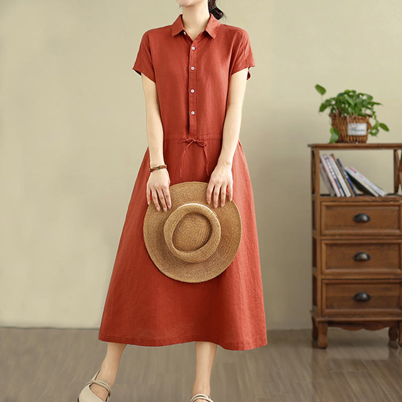 Vestido midi de lino y algodón con bolsillos y manga corta de verano con estampado de Buddha Stones - NaranjaRojo - US8-10,UK/AU12-14,EU40-42 (2XL) - image 17