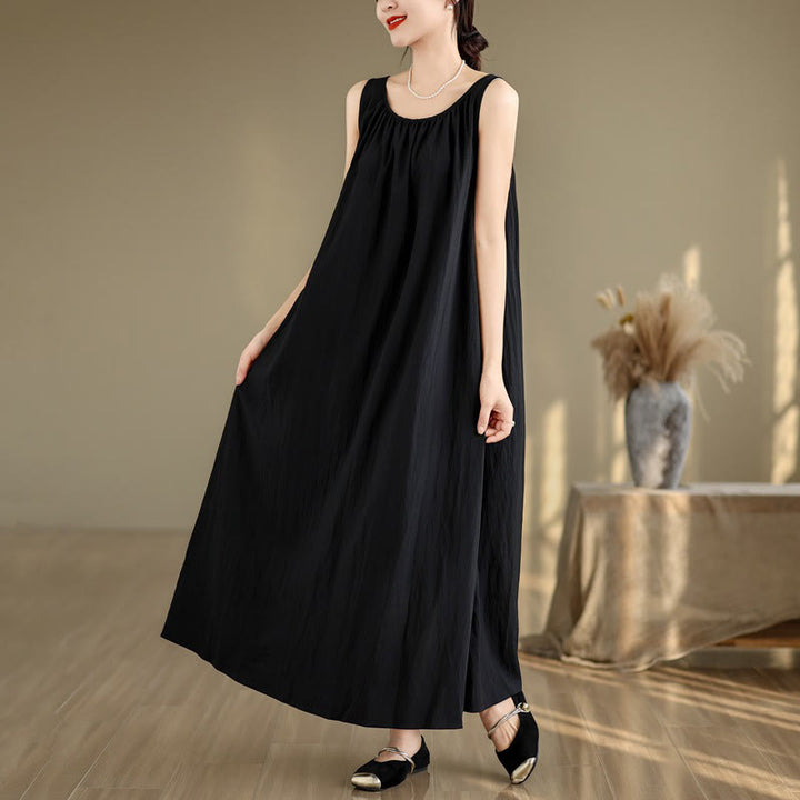 Vestido midi de algodón con cuello redondo, sin mangas, diseño plisado, informal, de verano, con estampado Buddha Stones y bolsillos - Negro - US8-10,UK/AU12-14,EU40-42 (2XL) - image 15